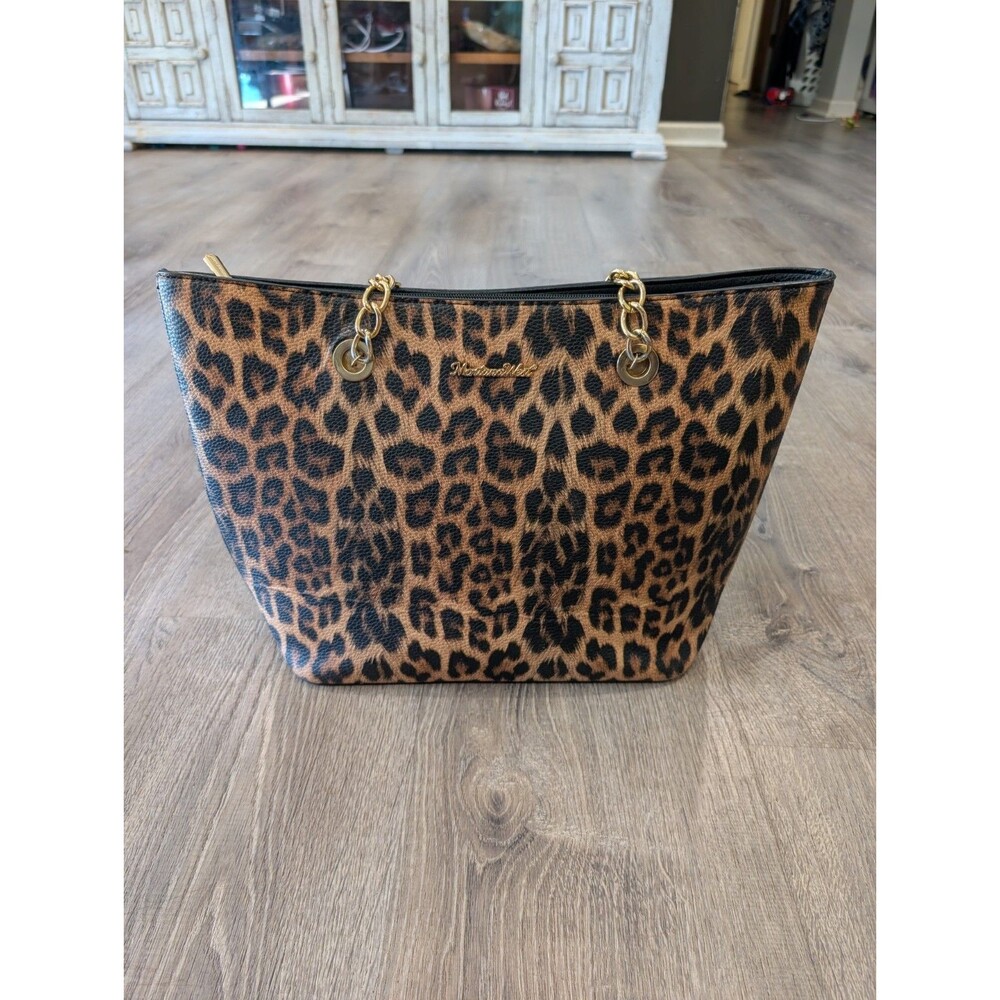 Montana West Leopard Print Tote Bag Gold Chain Shoulder Strap Black Faux Leather